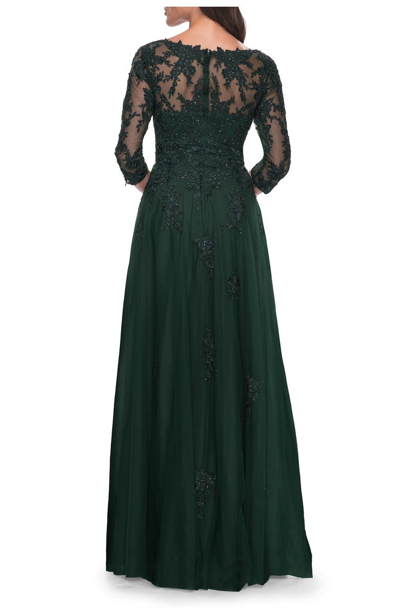 La Femme Tulle and Lace A-Line Dress with V Neckline, Alternate, color, Dark Emerald
