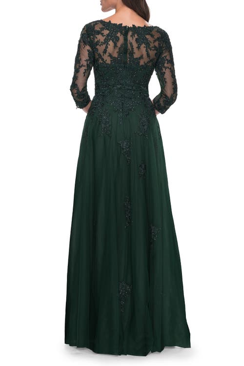 La Femme Tulle And Lace A-line Dress With V Neckline In Dark Emerald