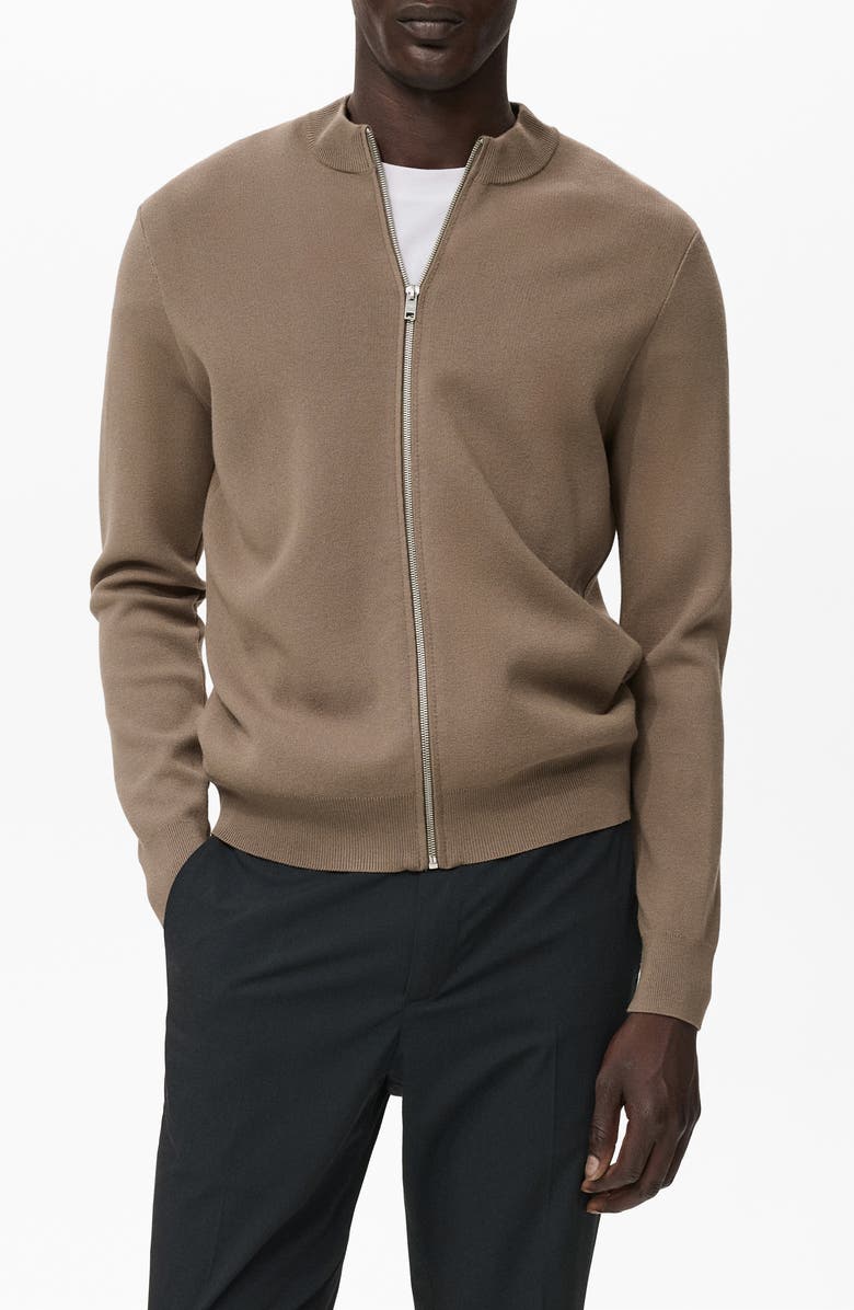 MANGO Crewneck Zip Cardigan, Main, color, Medium Brown