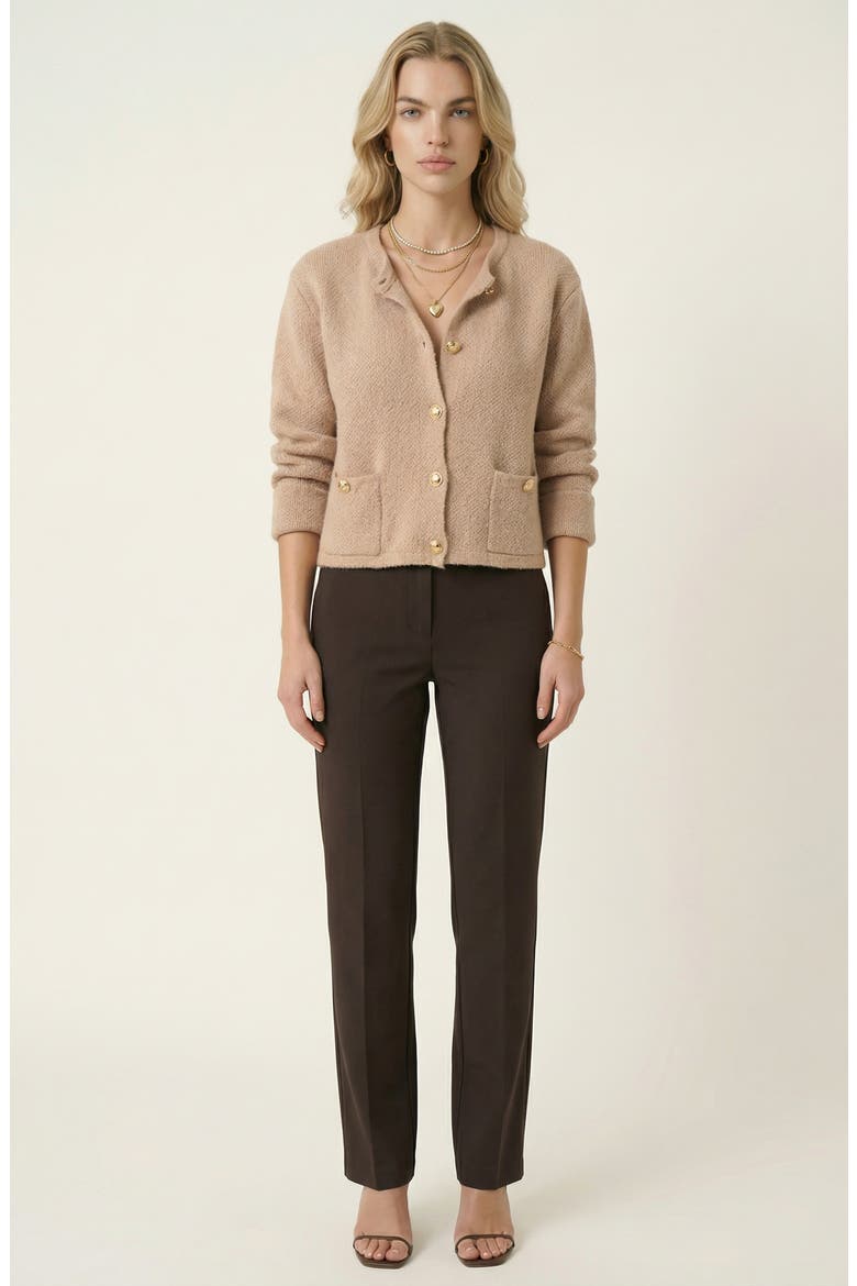 Textured Knit Gold Button-Front Patch-Pocket Cardigan, Alternate, color, Beige