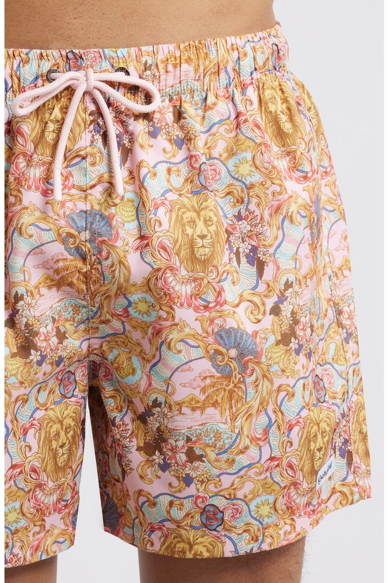 Leo Lion Print Premium Mid Length Swim Trunks, Alternate, color, PINK