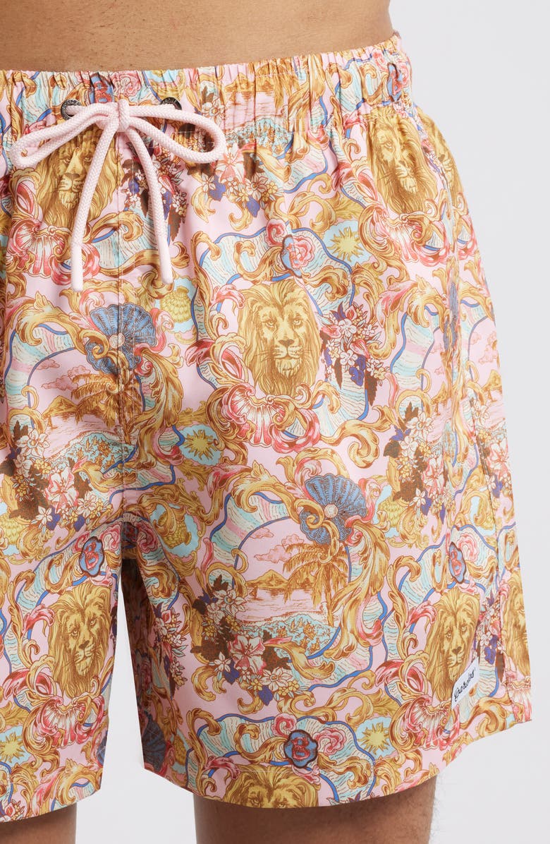 Boardies Leo Lion Print Premium Mid Length Swim Trunks, Alternate, color, Pink