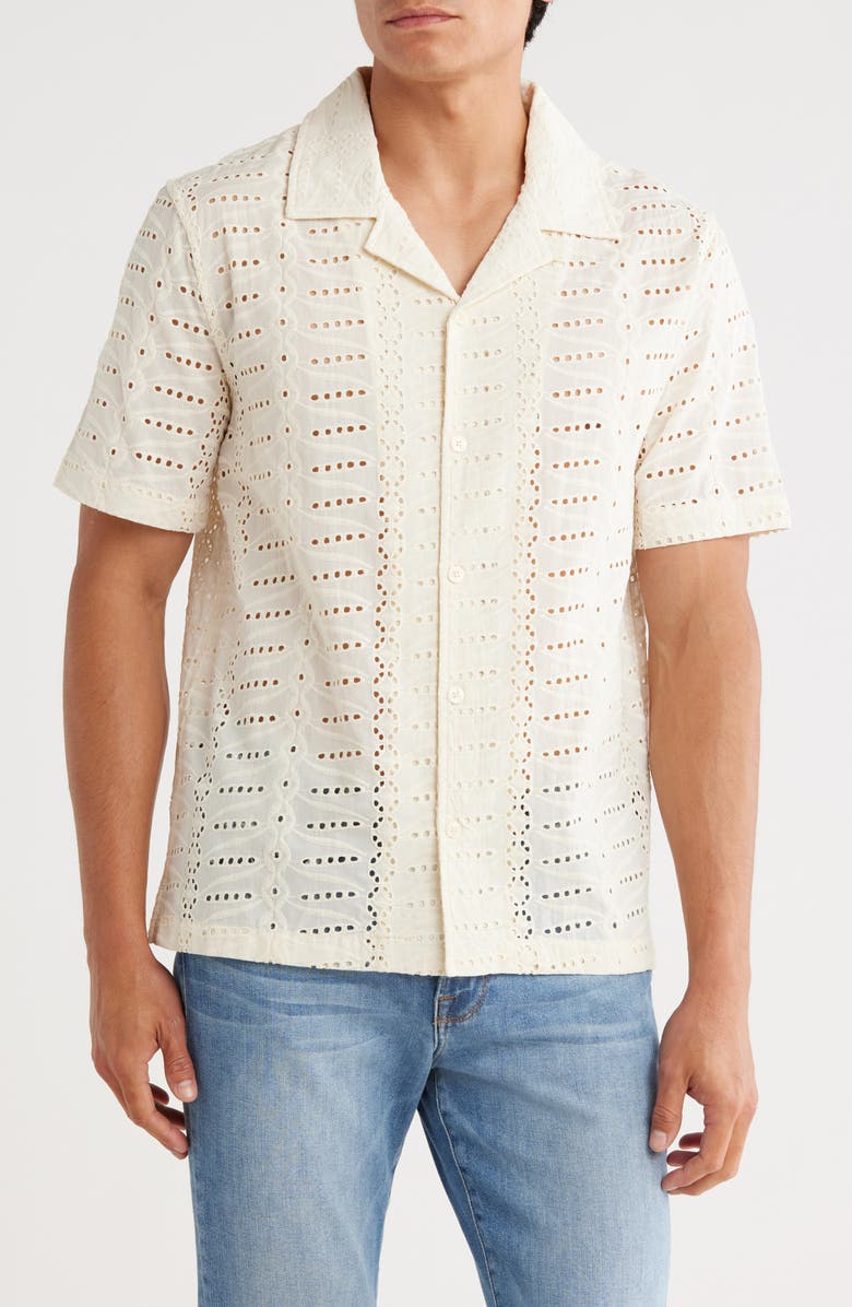 FOR THE REPUBLIC Open Stitch Camp Shirt, Main, color, Ivory