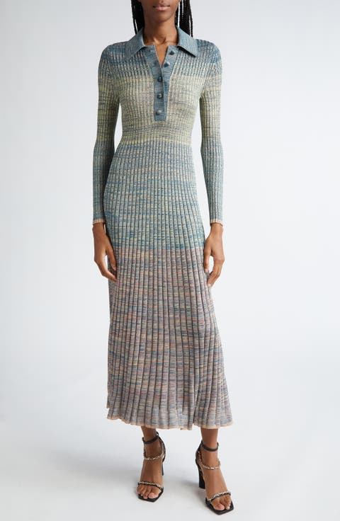Long Sleeve Mouliné Rib Polo Sweater Dress