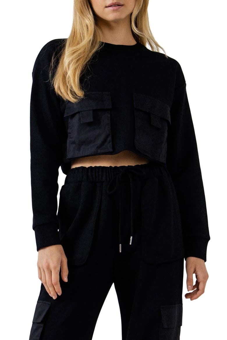 Crop Pocket Cotton Sweatshirt, Alternate, color, BLACK
