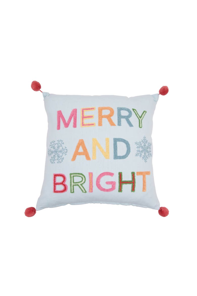 Merry And Bright Snowflakes Tufted with Poms Throw Pillow 18" x 18", Main, color, Blue