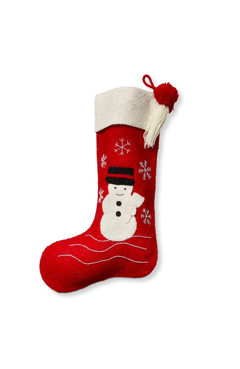 tag Farmhouse Snowman Holiday Stocking Red Felt Christmas Decor, Main, color, Red