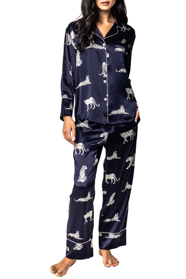 Panthre de Nuit Piped Silk Pajamas, Main, color, NAVY
