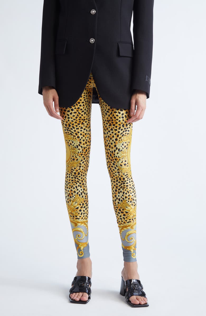 Versace Cheetah Foulard Print Leggings, Main, color, Light Grey Elephant Grey