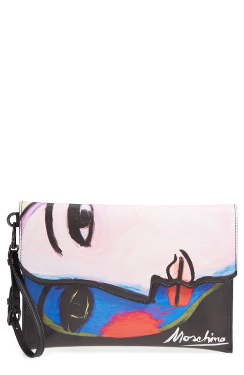 Face Print Leather Clutch