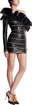 Balmain Asymmetric Leather Bodycon Dress With Chains