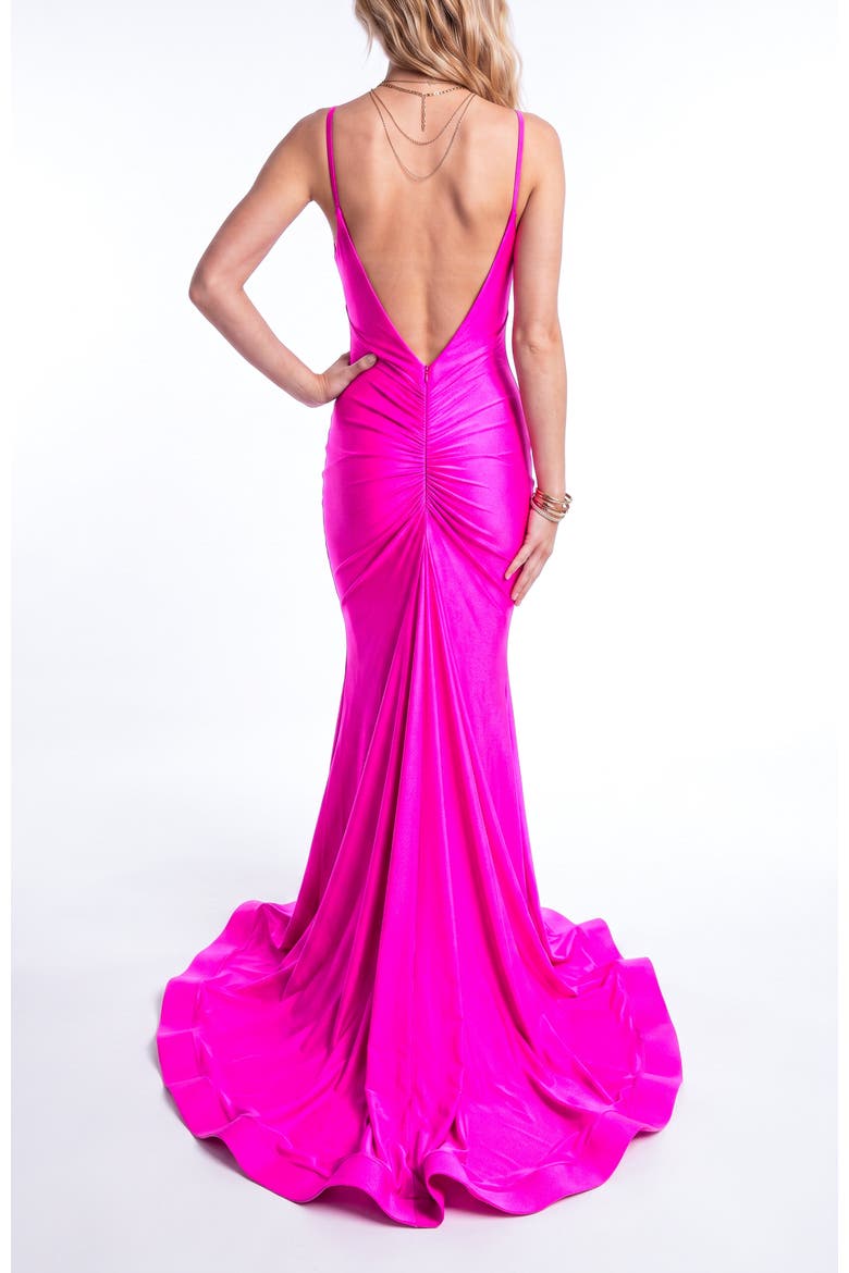 Cowl-Neck Open-Back Mermaid Gown, Alternate, color, Neon Pink