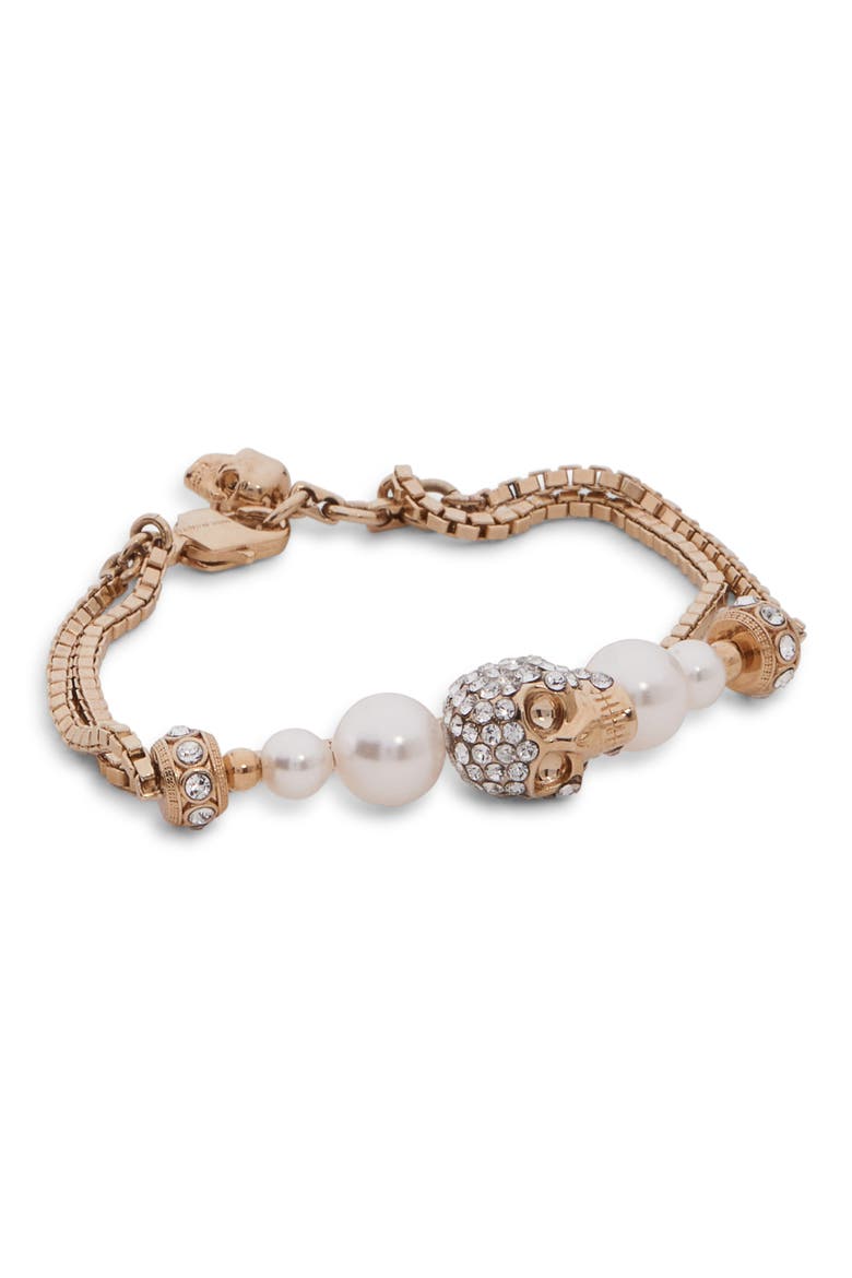 Crystal Skull & Faux Pearl Bracelet, Main, color, PEARL/ SW