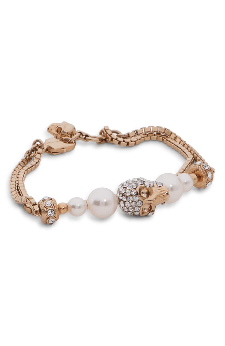 McQueen Crystal Skull & Faux Pearl Bracelet, Main, color, 