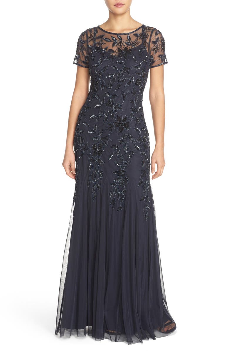Adrianna Papell Floral Beaded Trumpet Gown, Main, color, 