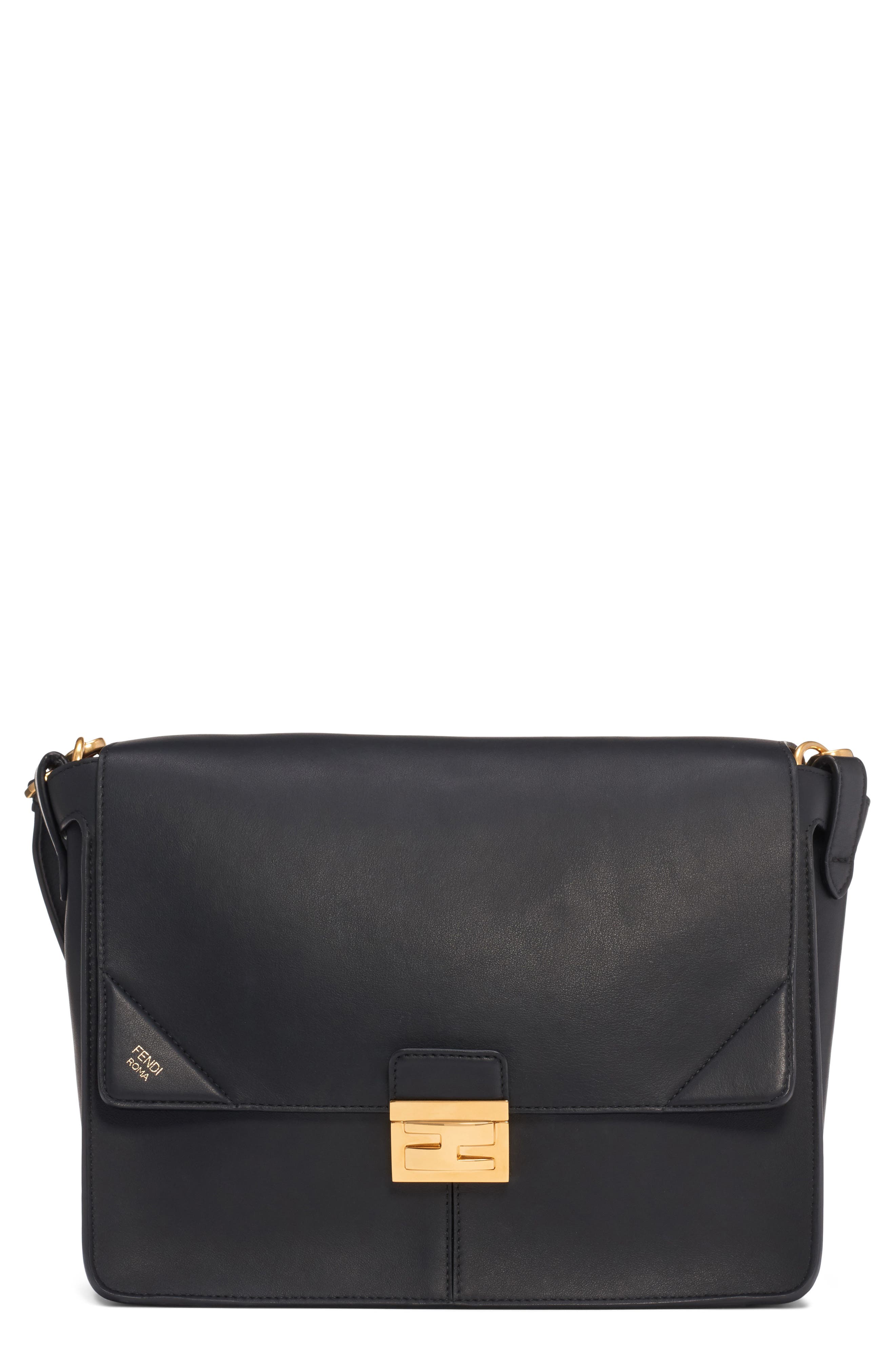 Large Kan U Leather Shoulder Bag, Main, color, NERO/ ORO VIBRATO