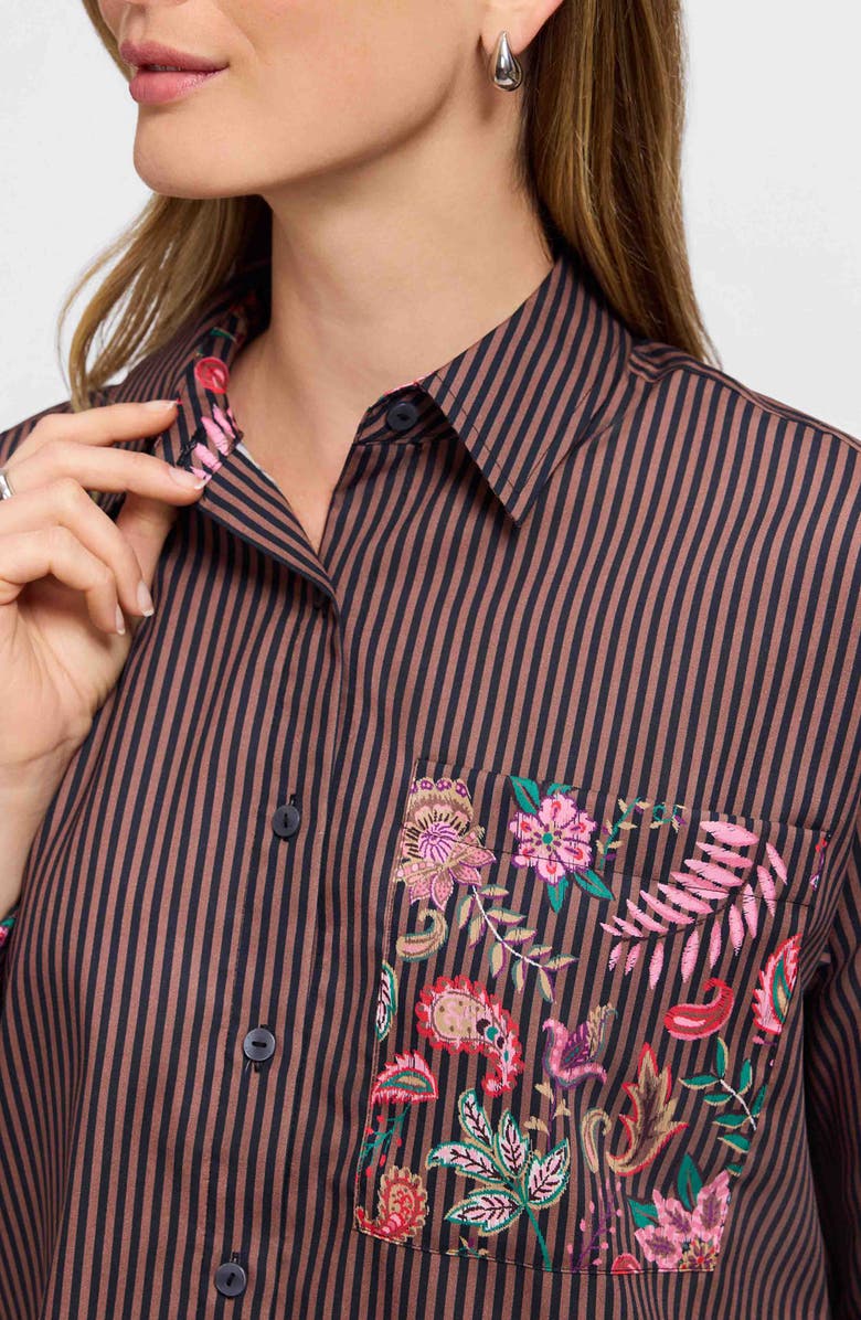 Foxcroft Marina Contrast Pocket Stripe Cotton Poplin Button-Up Shirt, Alternate, color, Brown Multi