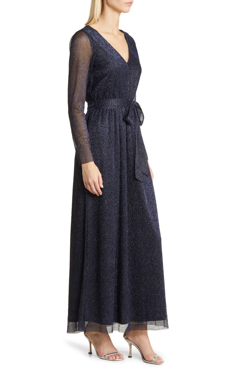 Anne Klein Belted Long Sleeve Metallic Chiffon Gown, Alternate, color, 