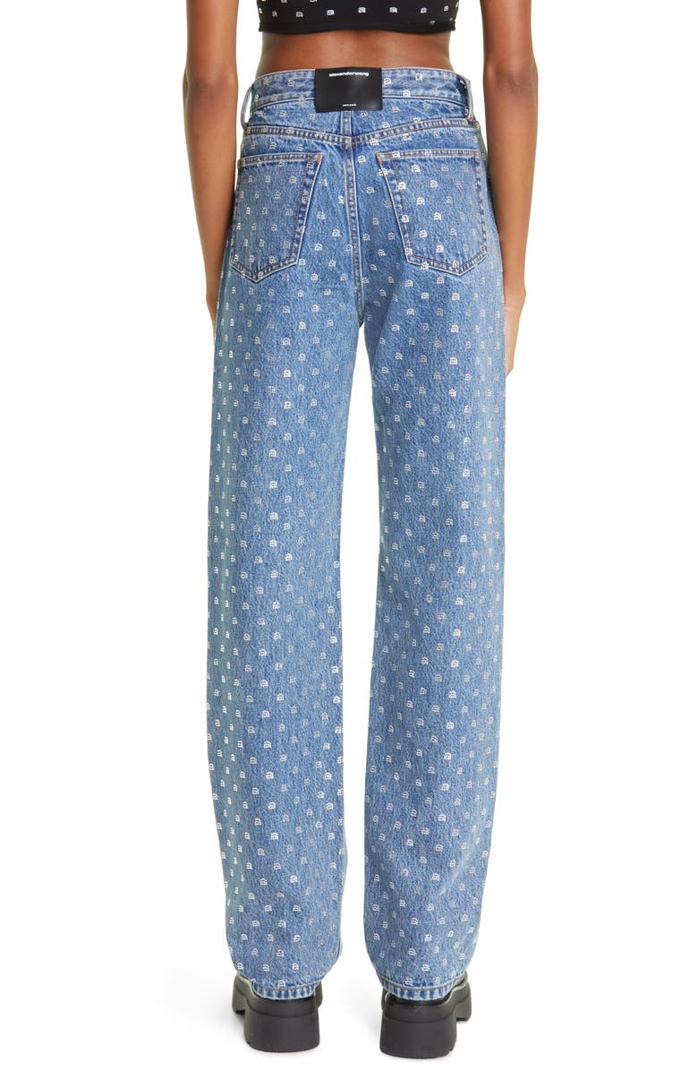 Alexander Wang Embellished Crystal Logo High Waist Relaxed Straight Leg Jeans, Alternate, color, 