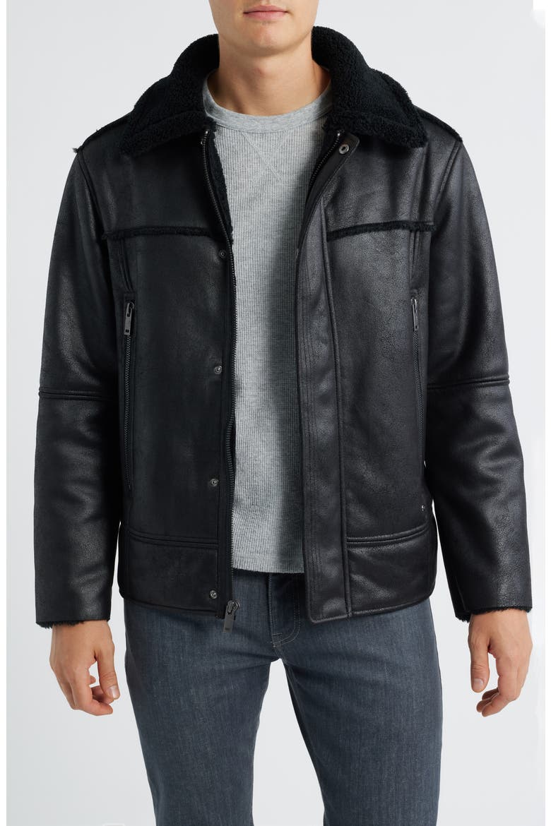 Thayden Luxefluff Faux Leather Jacket with Faux Shearling Collar, Main, color, BLACK