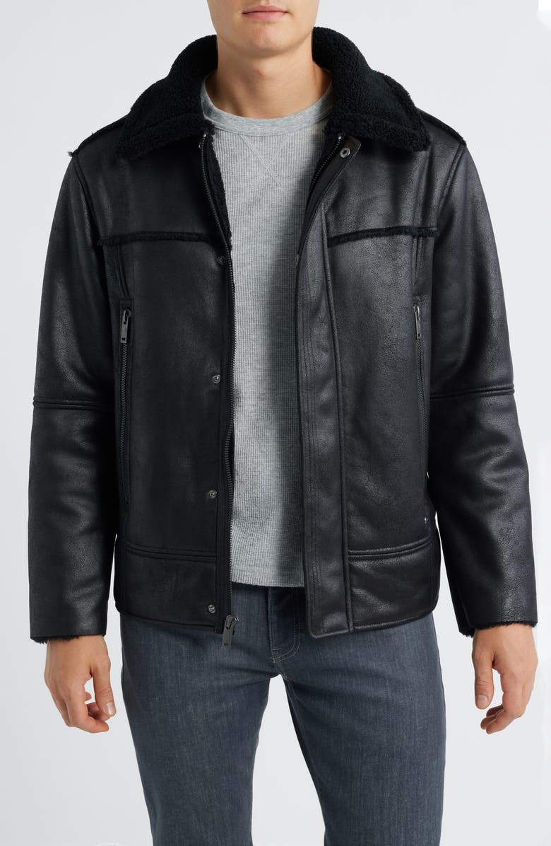 UGG<sup>®</sup> Thayden Luxefluff Faux Leather Jacket with Faux Shearling Collar, Main, color, Black