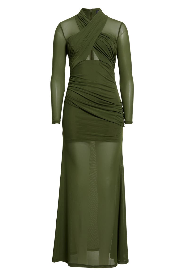 Veria Long Sleeve Wrap Mesh Maxi Dress, Alternate, color, KHAKI