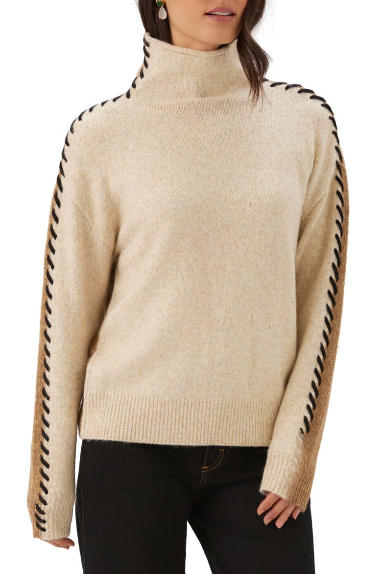 Contrast Stitch Turtleneck Sweater, Main, color, OATMEAL/ CAMEL