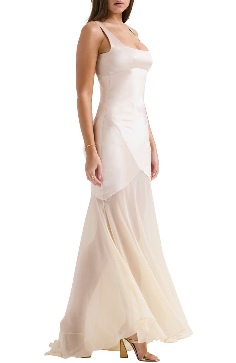 HOUSE OF CB Vittoria Paneled Satin & Chiffon Gown, Alternate, color, Macademia