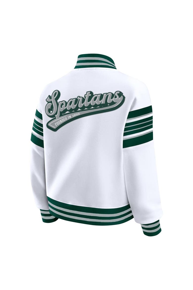 Women's WEAR by Erin Andrews White/Green Michigan State Spartans Satin Stitch Full-Snap Fleece Sweatshirt Jacket, Alternate, color, White