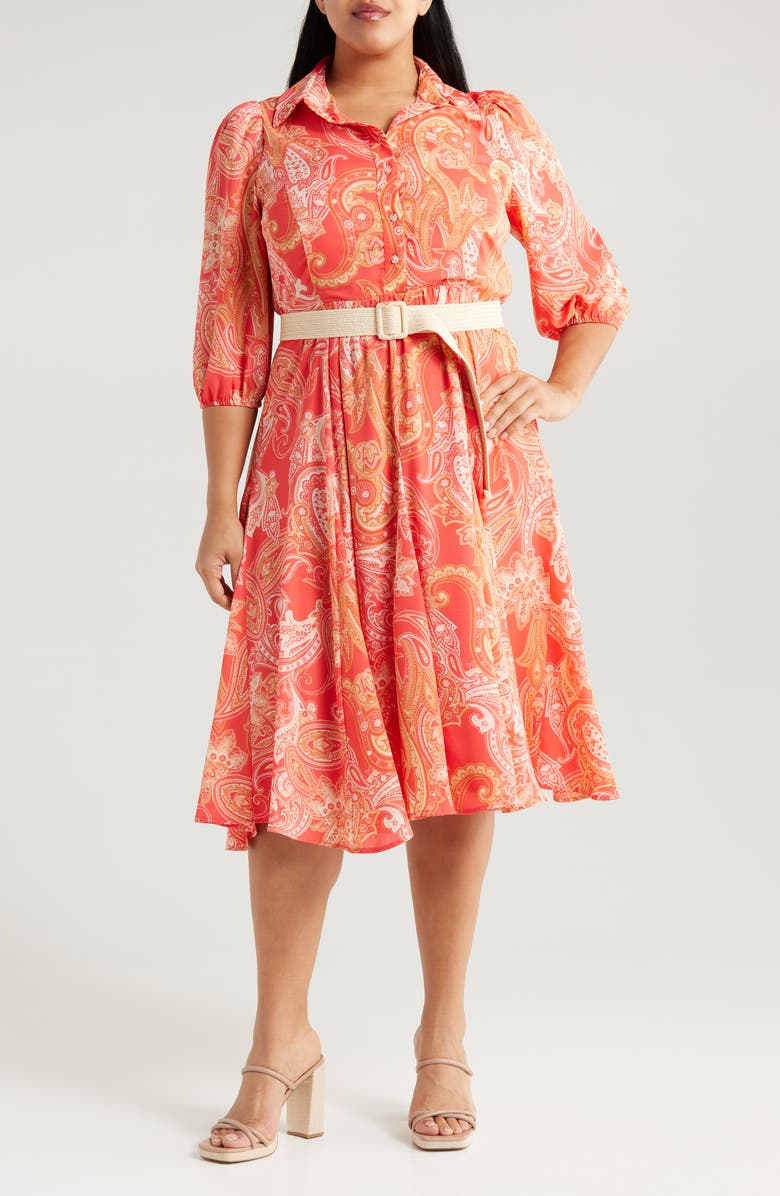 Tahari ASL Paisley Belted Fit & Flare Shirtdress, Main, color, Coral Paisley