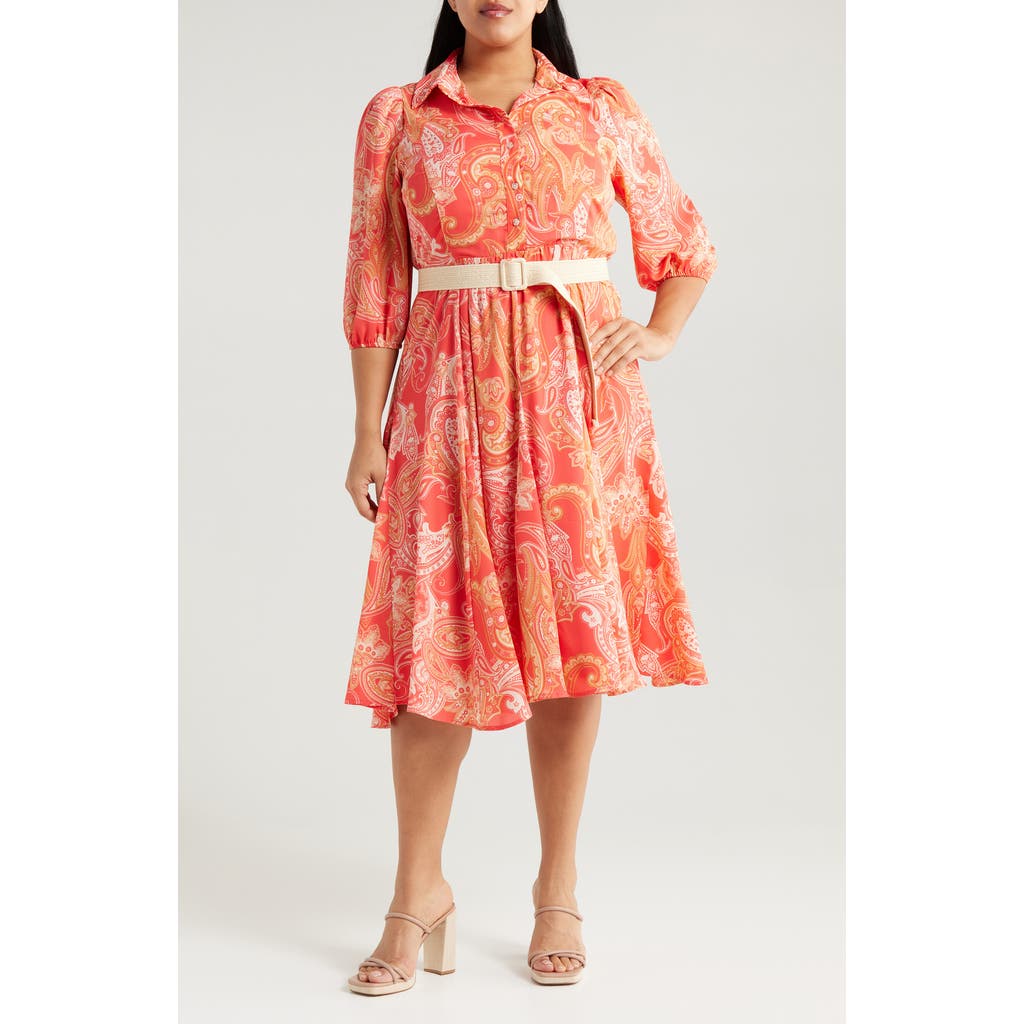 Tahari Asl Paisley Belted Fit & Flare Shirtdress In Coral Paisley