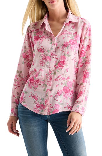 Lucky Brand Heart Print Button-up Shirt In Pink