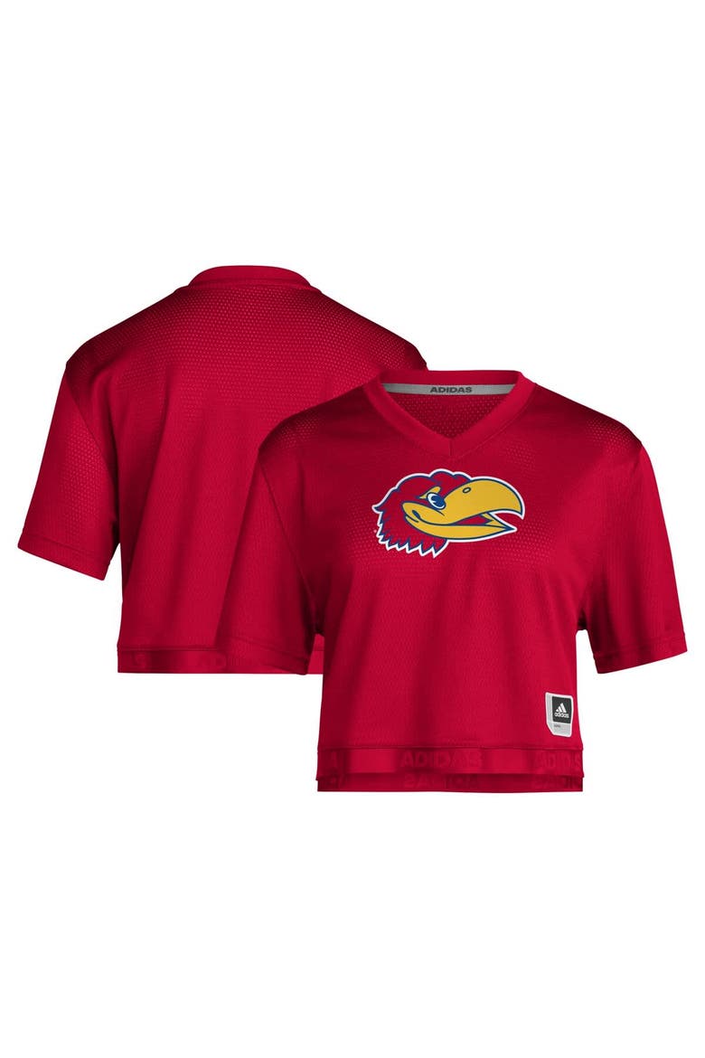 Women's adidas Red Kansas Jayhawks Primegreen V-Neck Cropped Jersey, Main, color, Red