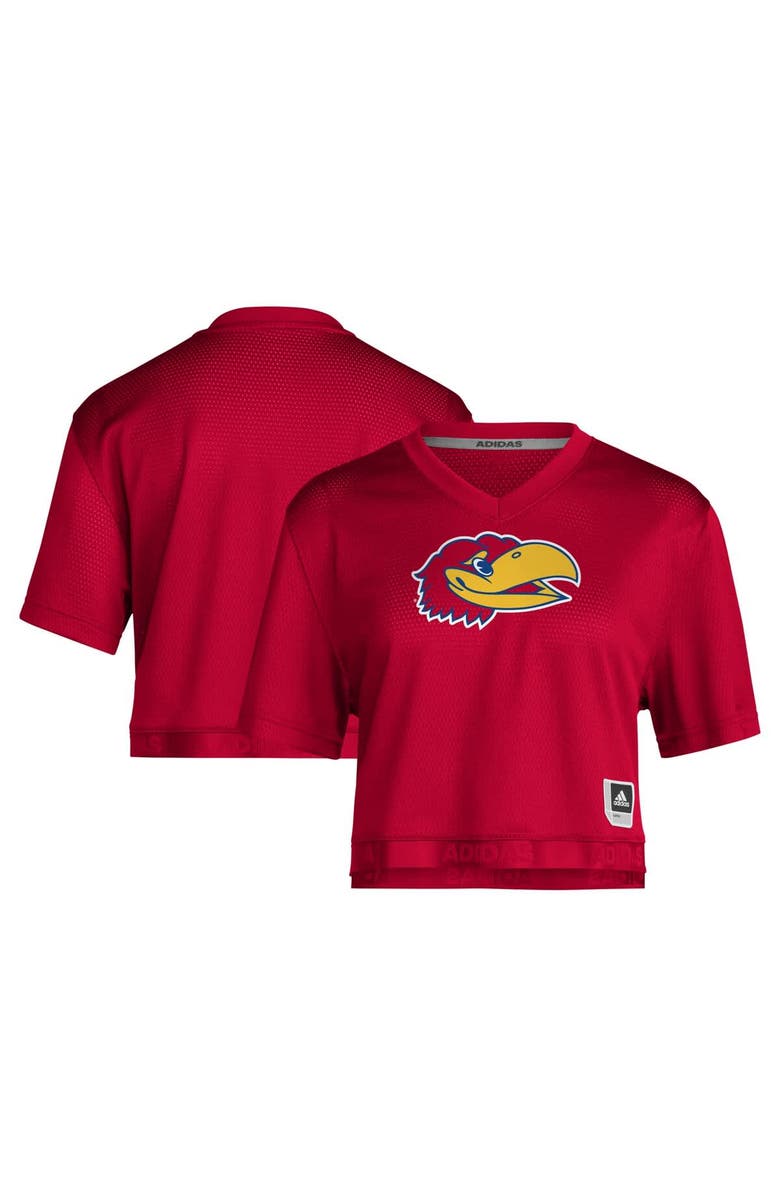 adidas Women's adidas Red Kansas Jayhawks Primegreen V-Neck Cropped Jersey, Main, color, Red