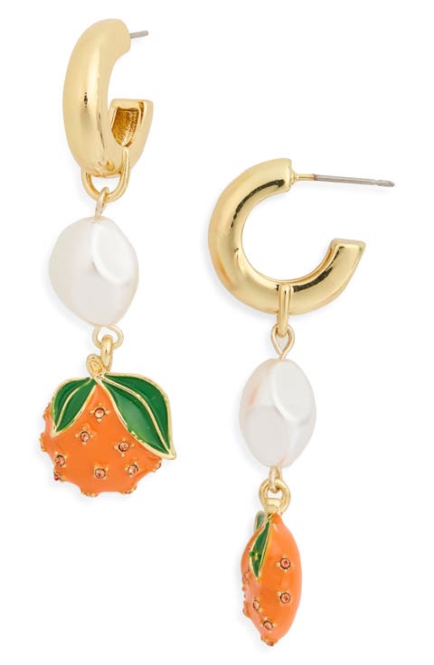 Orange & Faux Pearl Drop Hoop Earrings
