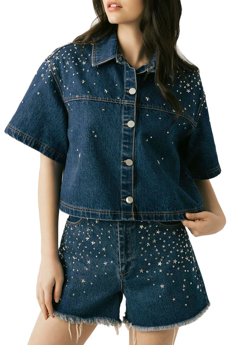 Stud Detail Elbow Sleeve Denim Button-Up Shirt, Main, color, SILVER DREAMS