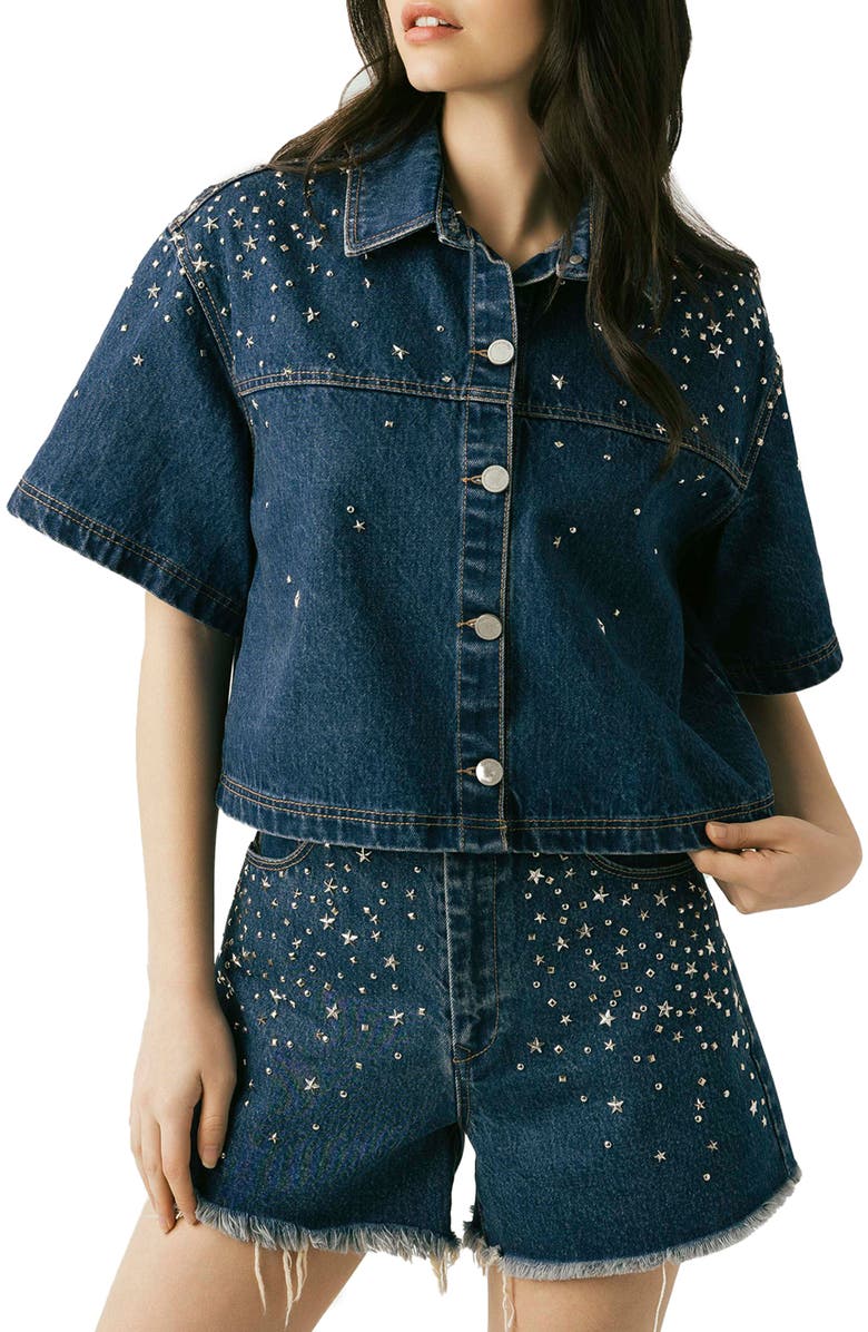 BLANKNYC Stud Detail Elbow Sleeve Denim Button-Up Shirt, Main, color, Silver Dreams