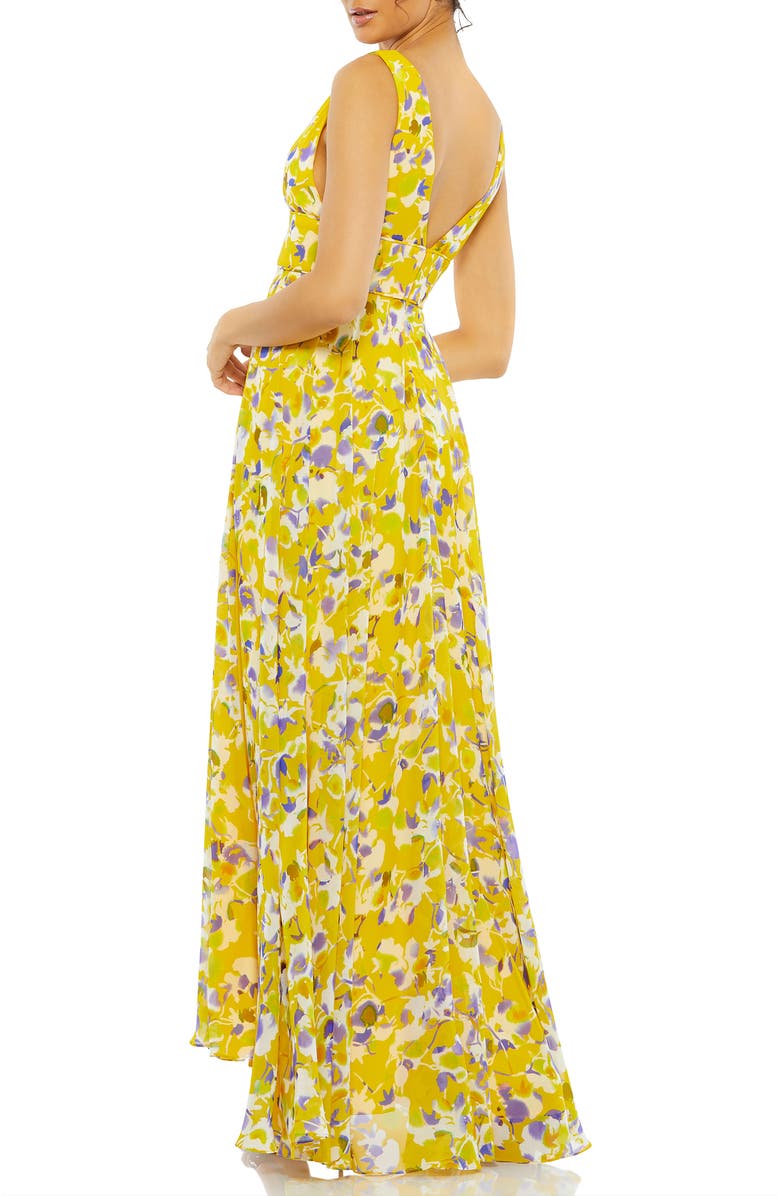 Mac Duggal Floral Chiffon V-Neck Gown with Thigh-High Slit & V-Back, Alternate, color, Yellow Multi