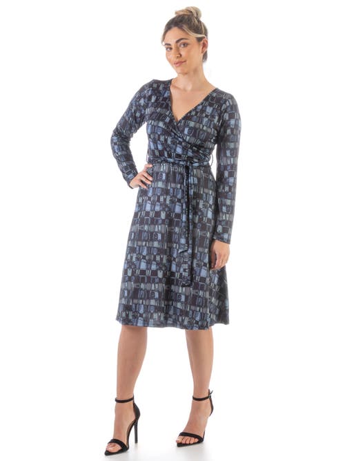 24seven Comfort Apparel Long Sleeve Knee Length Faux Wrap Dress In Gray