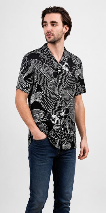 Tropical Print Button-Down Hawaiian Camp Shirt