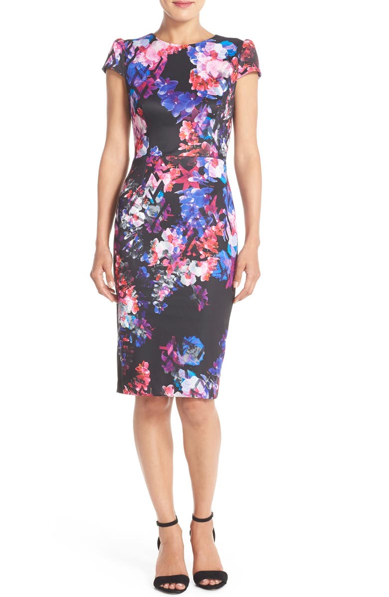 Betsey Johnson Print Stretch Midi Dress, Main, color, Black