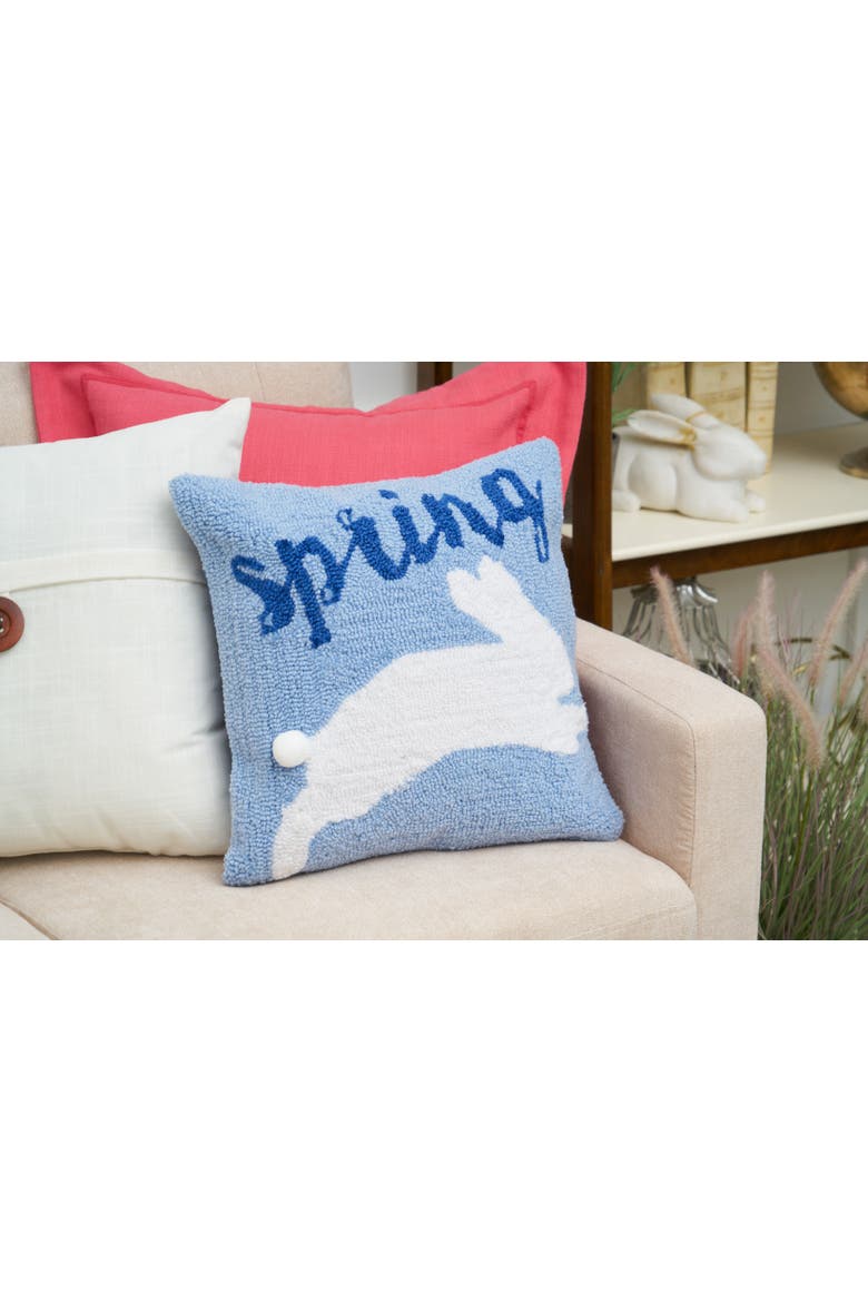 "Spring" Jumping Easter Bunny Rabbit Blue Hooked Accent Throw Pillow 16" x 16", Alternate, color, Blue