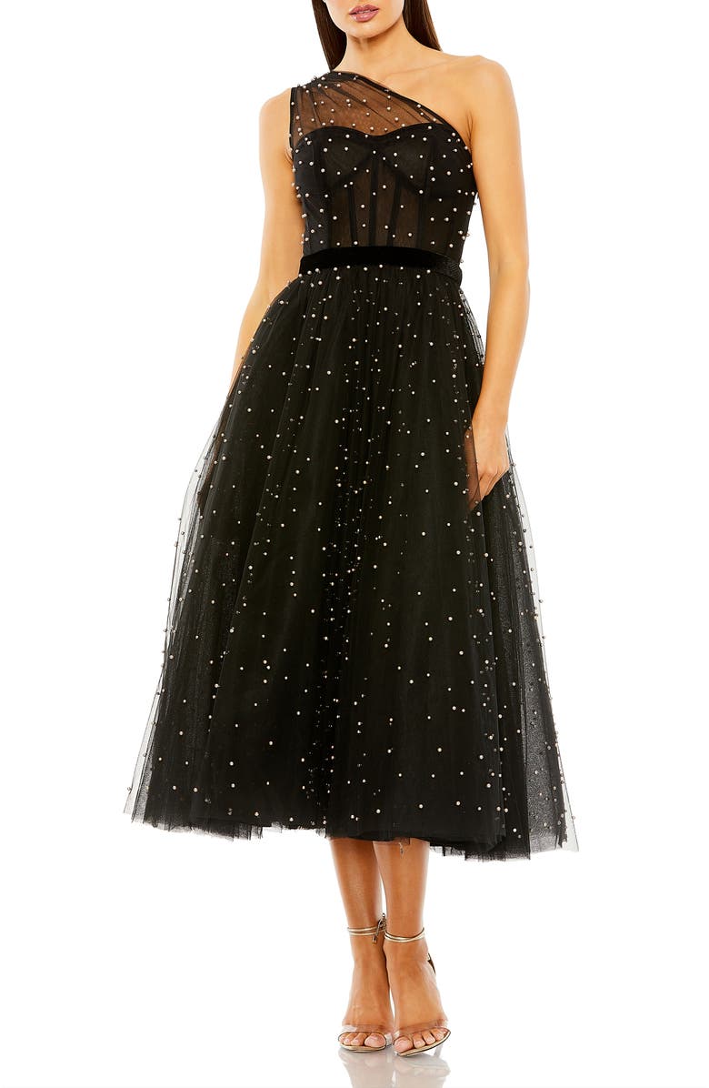 Mac Duggal One Shoulder Pearl Beaded Midi Ballgown, Main, color, Black