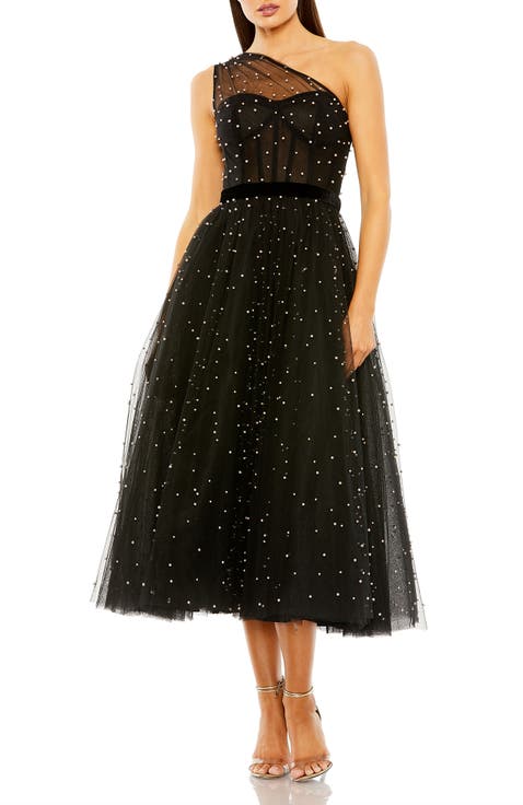 One Shoulder Pearl Beaded Midi Ballgown