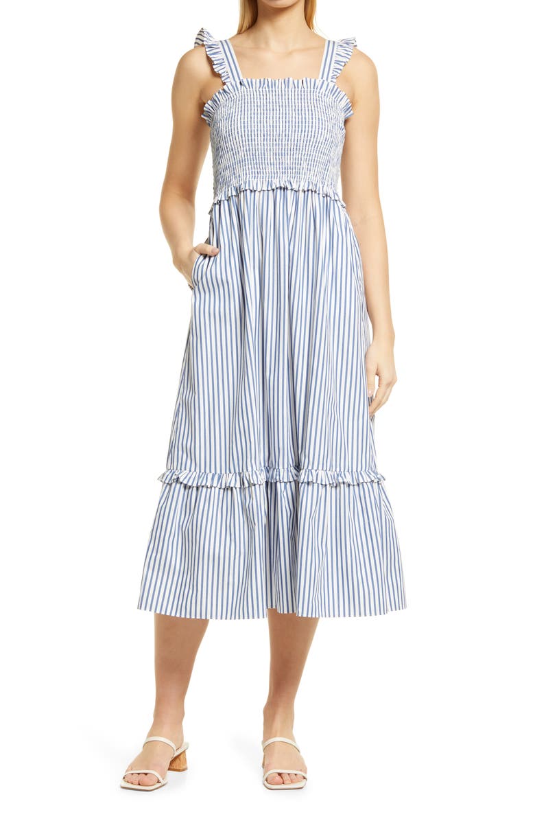 Draper James Smocked Stripe Sleeveless Poplin Midi Dress, Main, color,