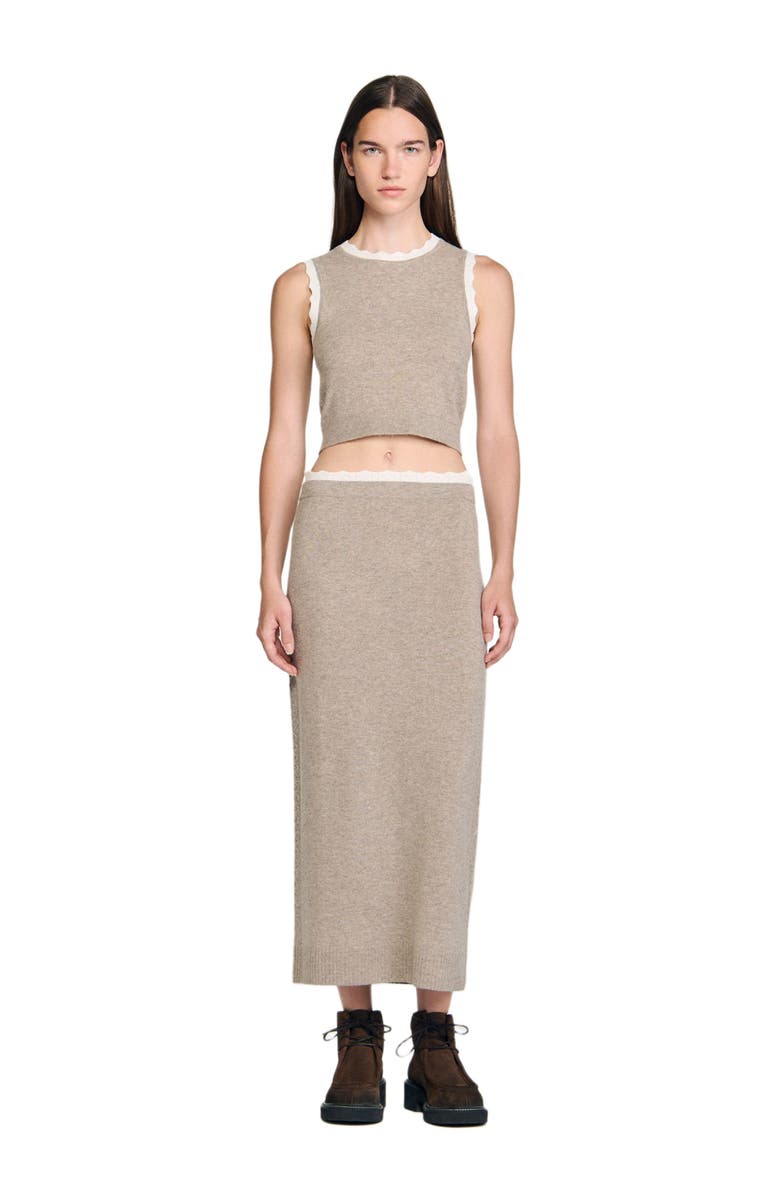 SANDRO Long two-tone knit skirt, Alternate, color, Caramel