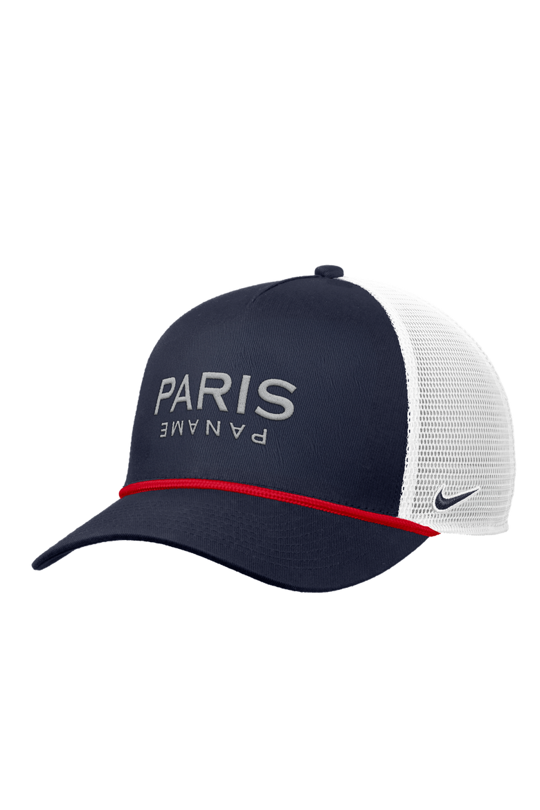 Men's Nike Navy Paris Saint-Germain Rise Rope Trucker A-Frame Adjustable Hat, Main, color, Navy