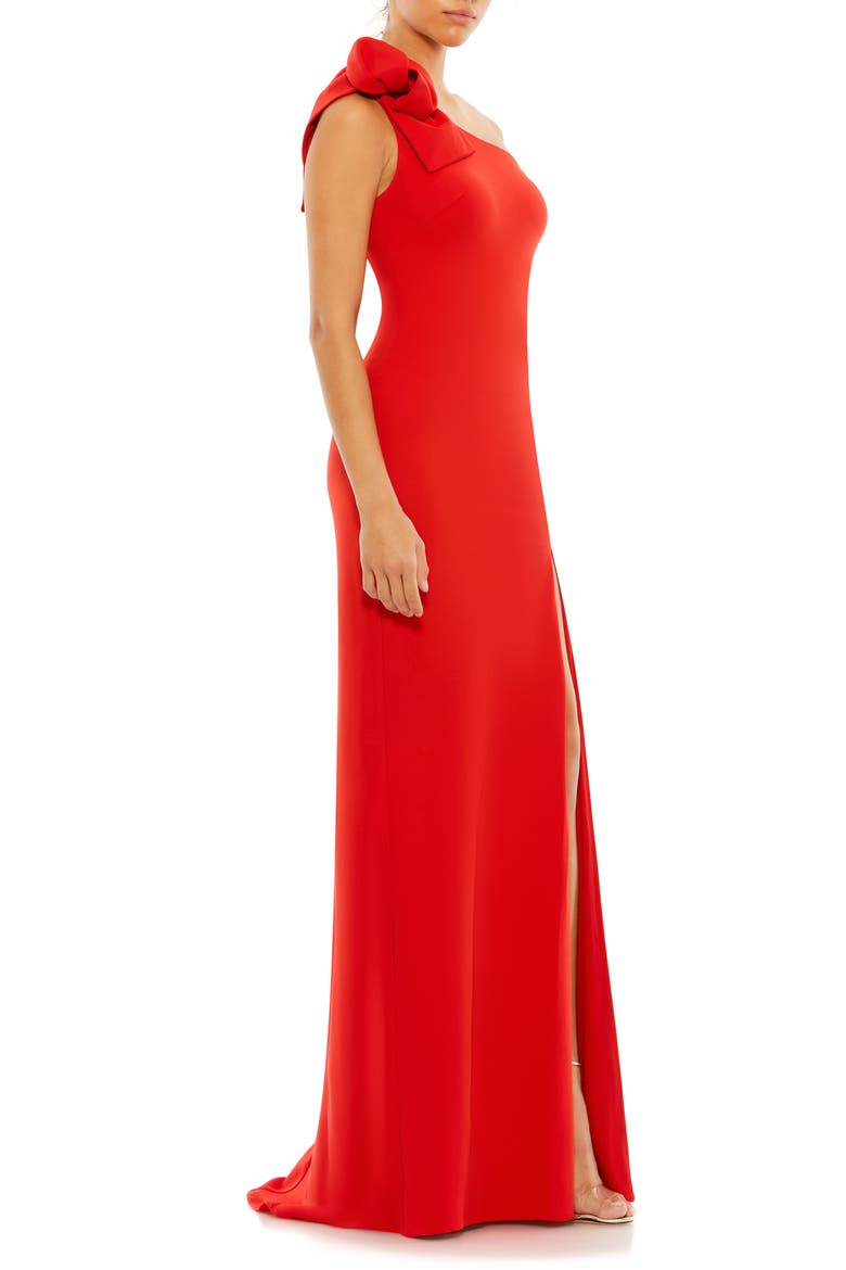 One-Shoulder Stretch-Crepe Gown with Oversized Bow & Thigh-High Slit, Alternate, color, RED