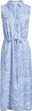 Cloth & Stone Print Tie Waist Sleeveless Midi Shirtdress