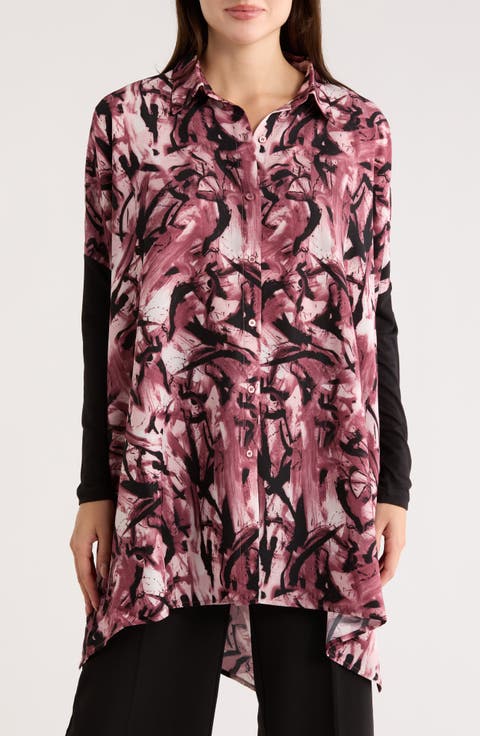 Oversize Long Sleeve Mixed Media Button-Up Shirt